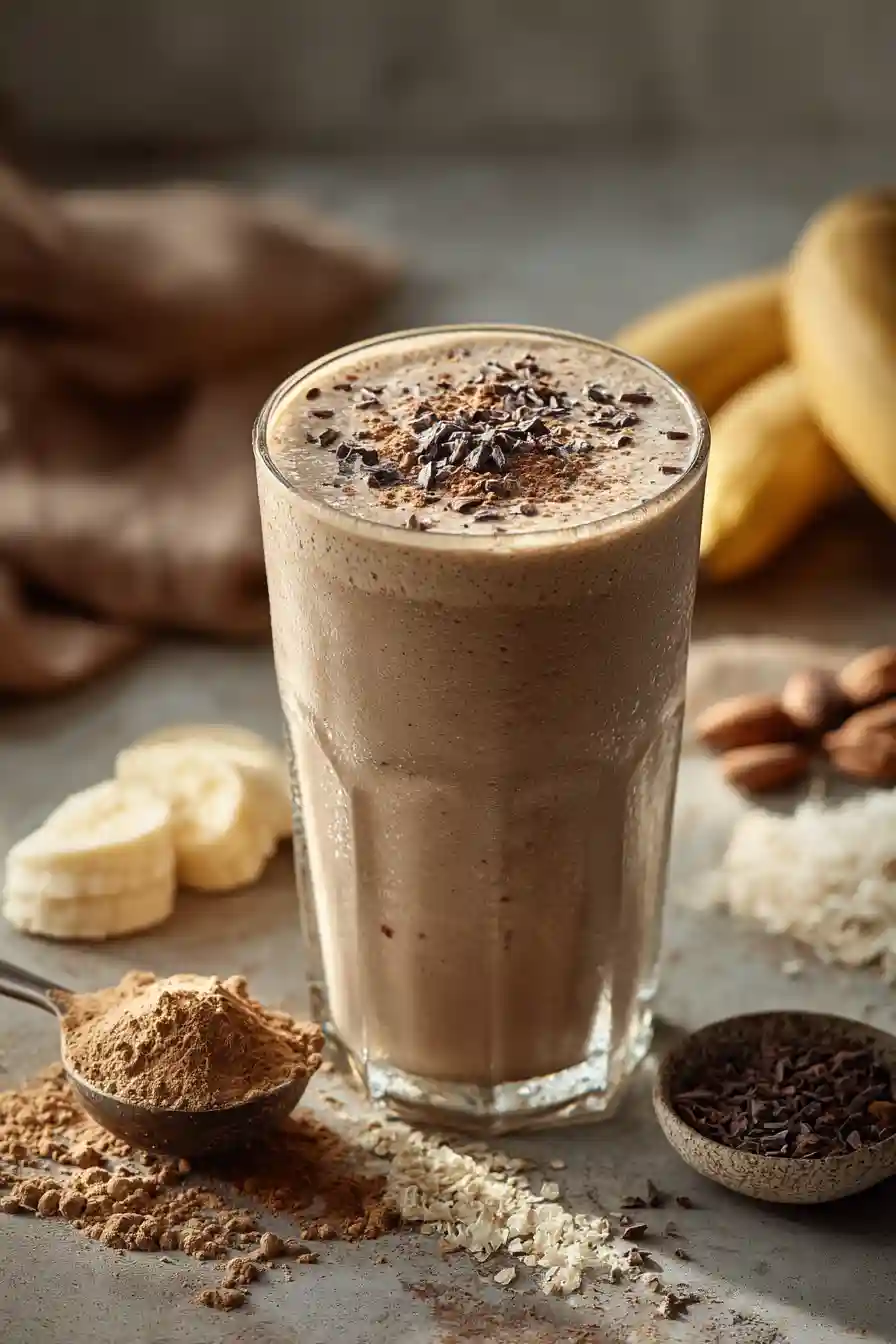 No-sugar Ryze mushroom coffee smoothie in a tall glass, topped with cacao nibs and cinnamon, surrounded by banana slices, almond powder, oats, and mushroom powder on a rustic counter.