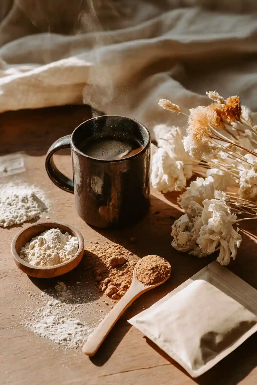 "Ryze Mushroom Coffee in a cozy morning setup with adaptogenic mushrooms and oat milk"