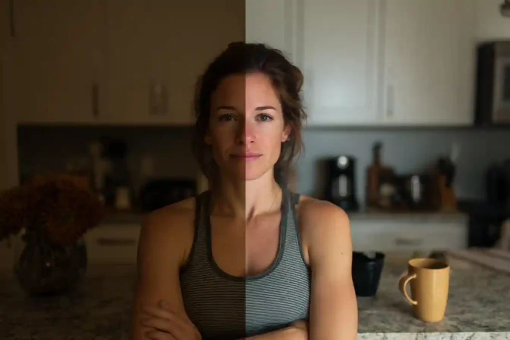  Before and after of a woman using Ryze mushroom coffee, sitting at her kitchen counter with clear contrast in lighting and mood
