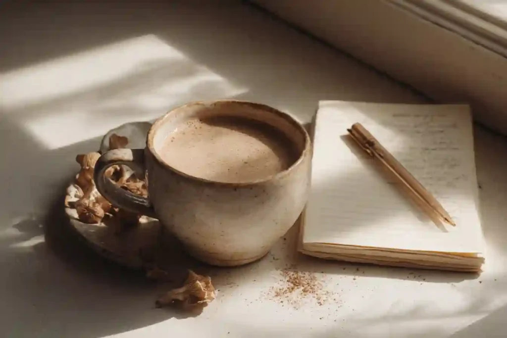 Cup of mushroom coffee beside an open notebook, pen, and dried mushrooms in soft natural lighting