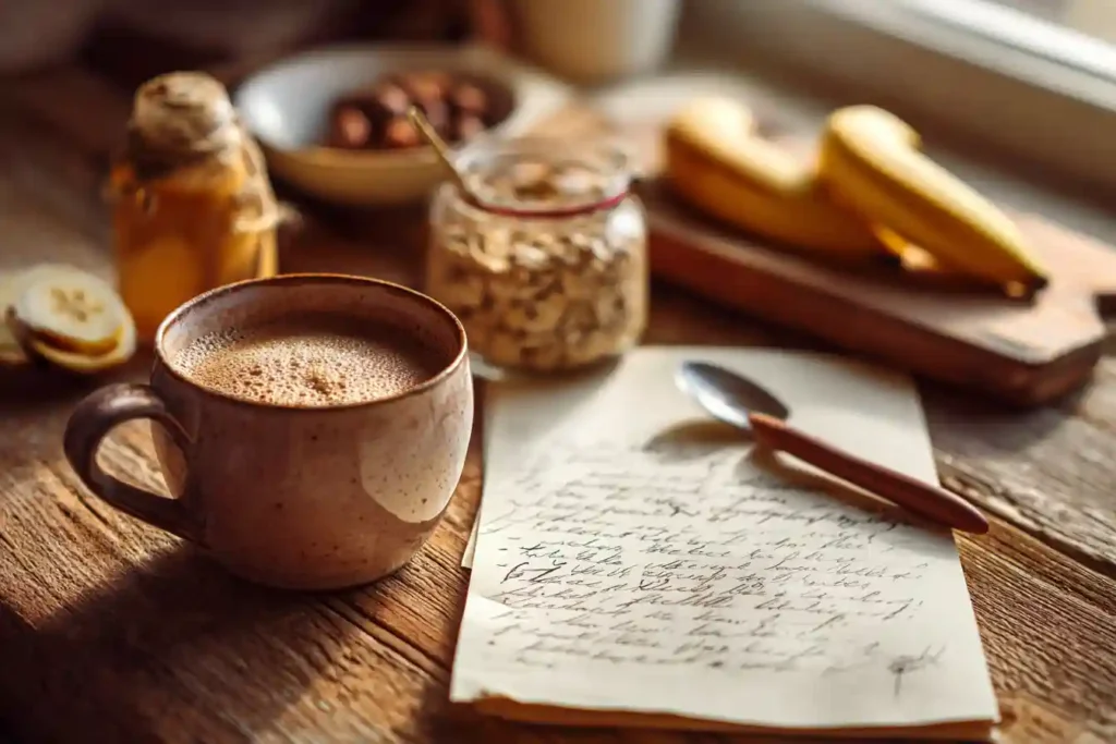 A cozy mug of Ryze mushroom coffee surrounded by healthy ingredients like oats, bananas, and honey on a wooden table.
