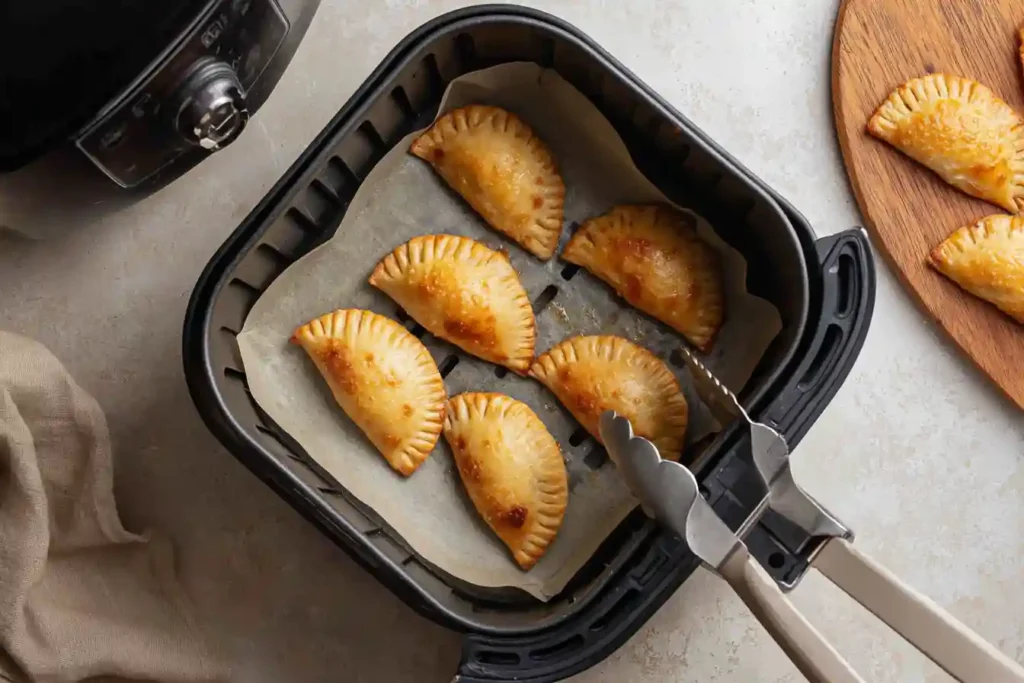 Pizza Pockets Air Fryer: The Ultimate Frozen & Homemade Guide 4 Golden brown pizza pockets being flipped inside an air fryer basket using tongs, with parchment liner underneath for even cooking and easy cleanup