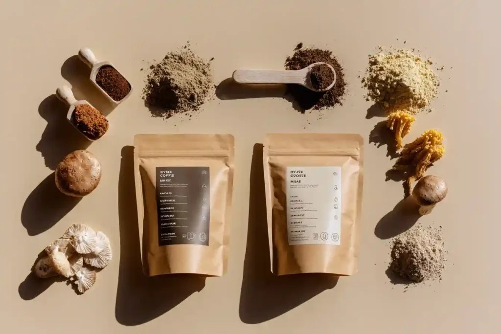 Side-by-side display of Ryze and Everyday Dose mushroom coffee ingredients with powdered blends and whole mushrooms on beige background.