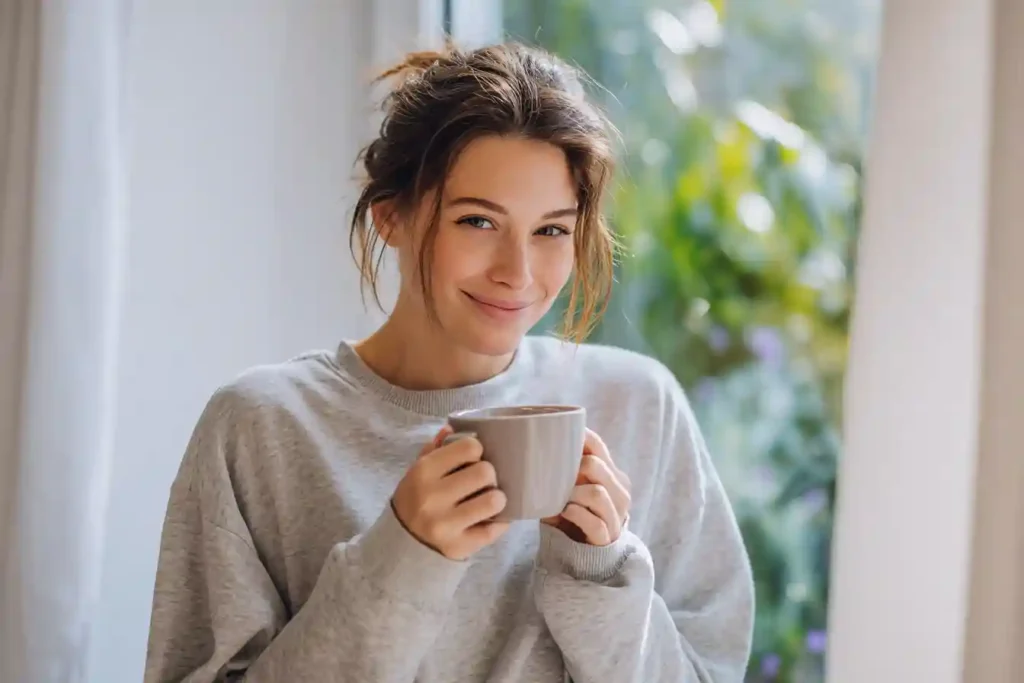 Flat lay of Ryze mushroom coffee with natural ingredients and weight loss elements like measuring tape and oats.