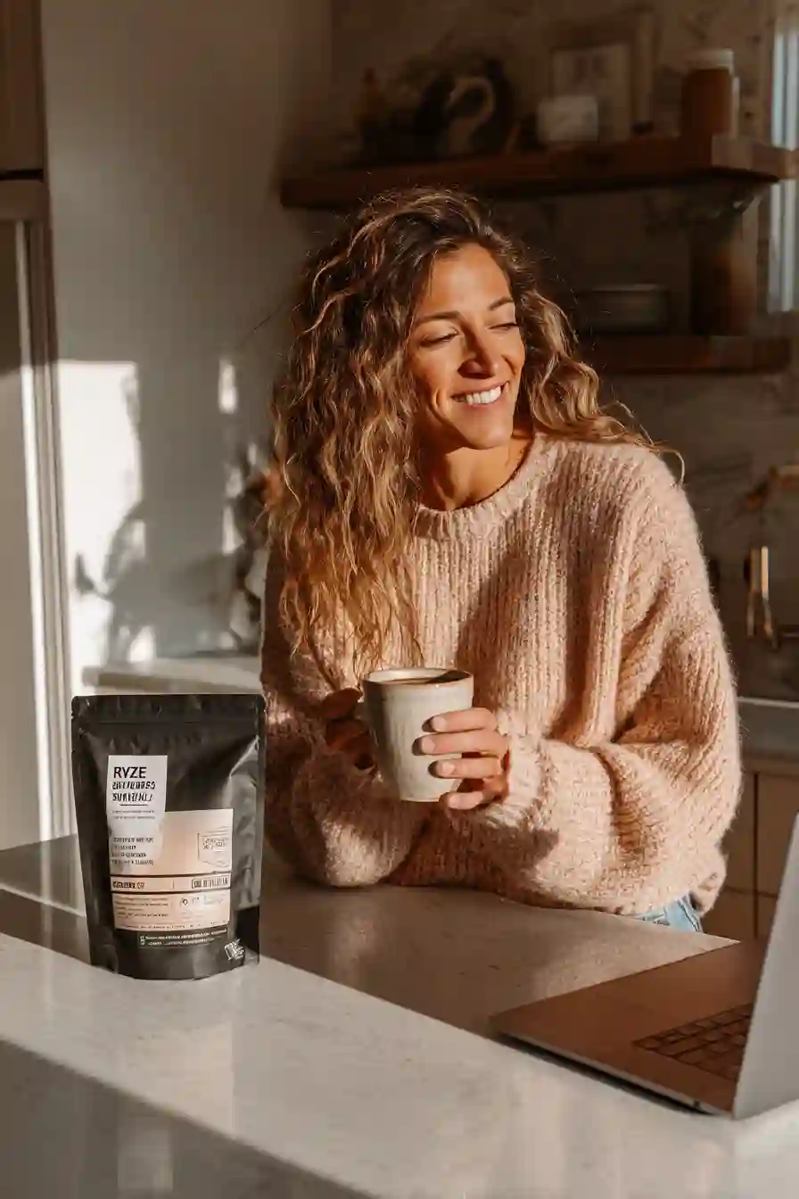 A woman enjoying Ryze Mushroom Coffee in a cozy kitchen with a laptop open and Ryze coffee bag beside her, symbolizing savings and wellness.