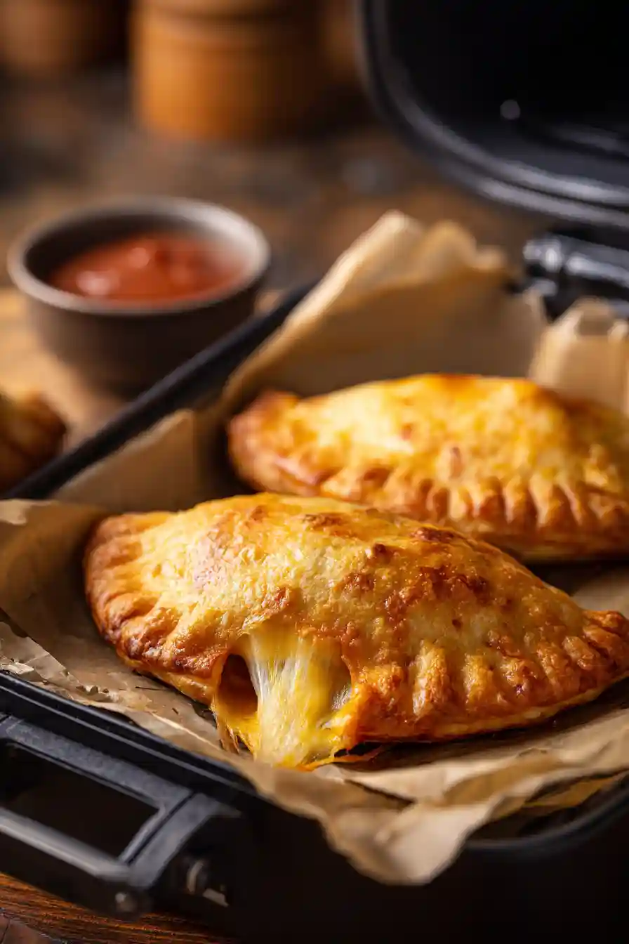Pizza Pockets Air Fryer: The Ultimate Frozen & Homemade Guide 1 Golden crispy pizza pockets with melted cheese oozing out, resting on parchment paper inside an air fryer basket, served with marinara dipping sauce.