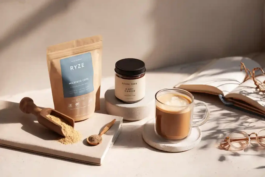 Flat lay of Ryze mushroom coffee and Everyday Dose jars with glass mug of coffee on a sunlit beige surface