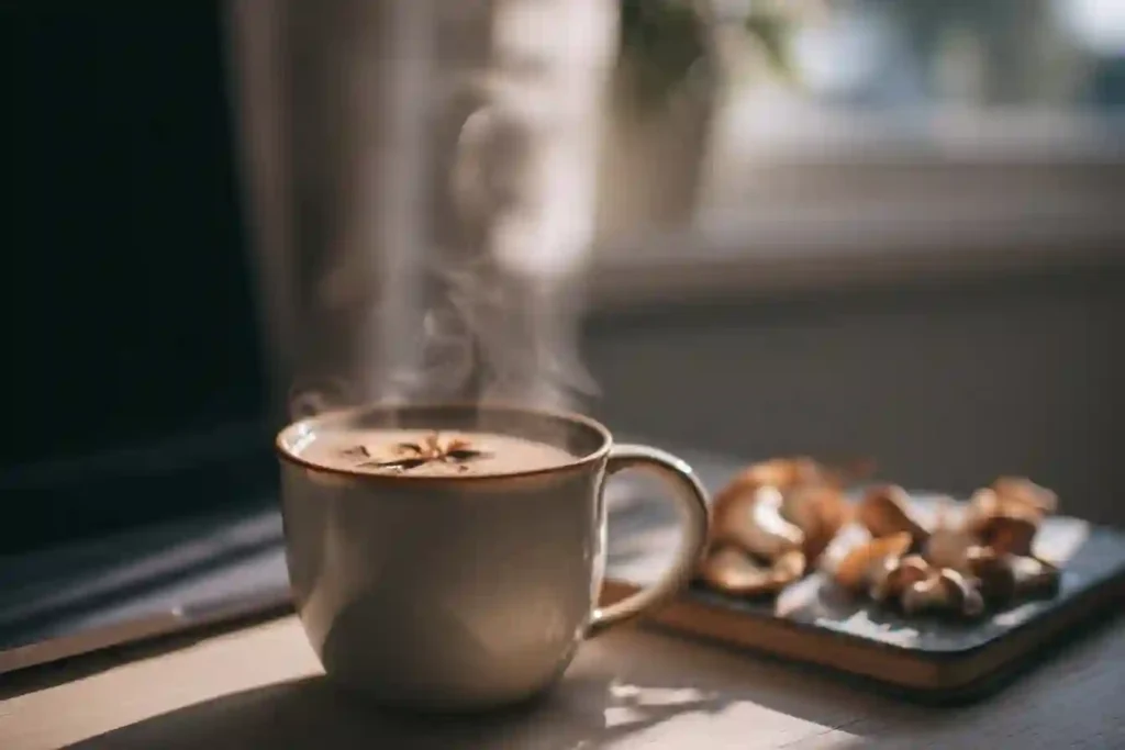 Steaming cup of Ryze coffee with mushrooms on the side in morning light