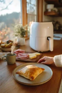 Golden crispy Hot Pocket served on a ceramic plate next to a white air fryer, sliced ham, butter, and a warm mug in a sunny kitchen