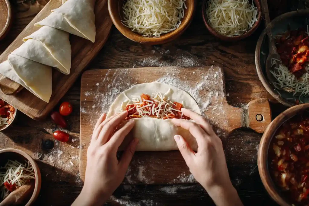 Pizza Pockets Air Fryer: The Ultimate Frozen & Homemade Guide 3 Hands folding homemade pizza pocket dough filled with mozzarella, pepperoni, and vegetables on a wooden board surrounded by bowls of shredded cheese and sauce.