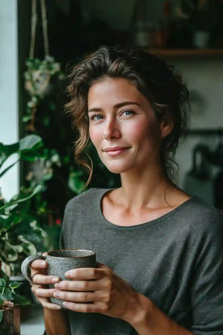Woman drinking Ryze Mushroom Coffee in a calm morning setting