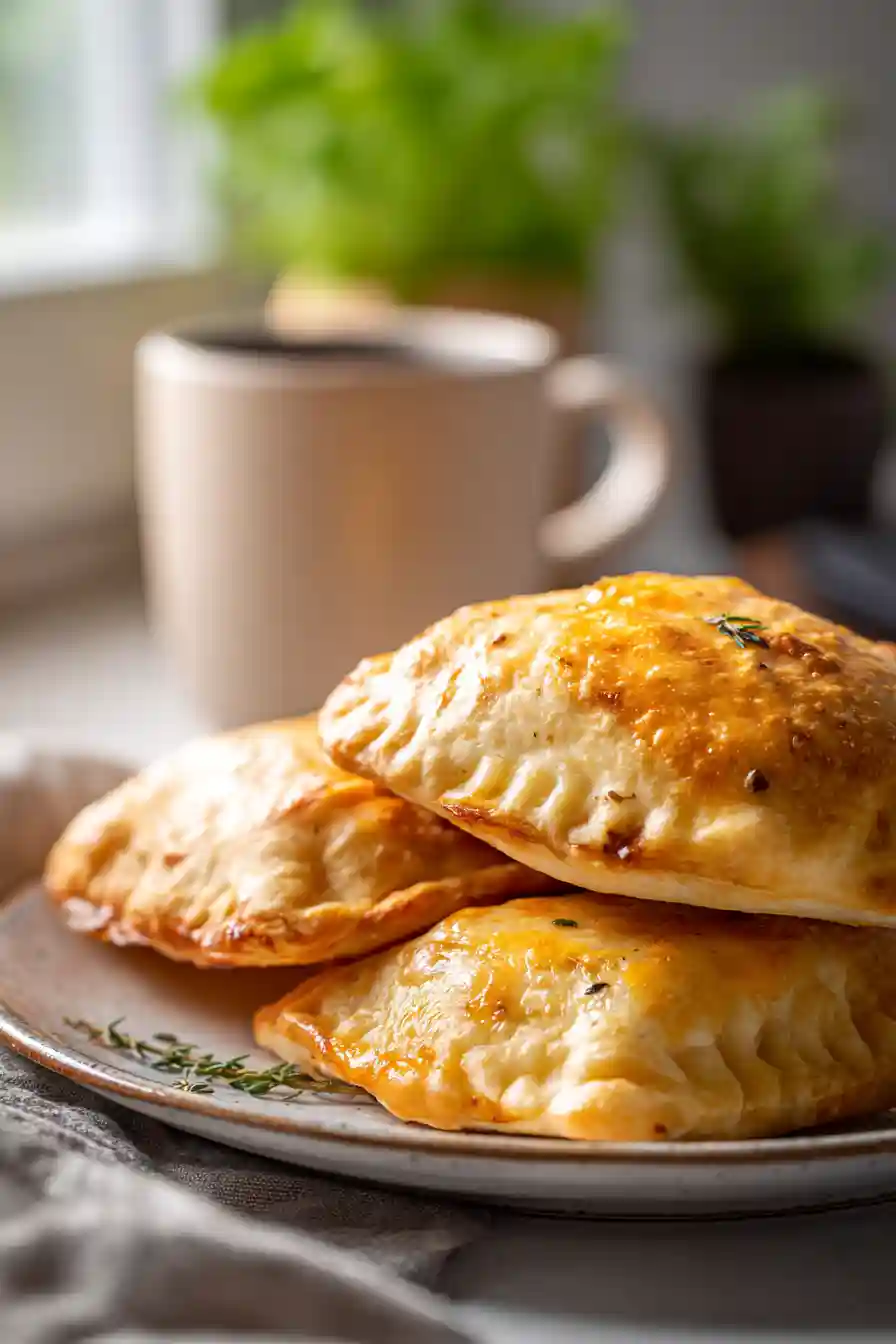 Golden, flaky hot pockets served on a rustic plate with a coffee mug and greenery in the background.