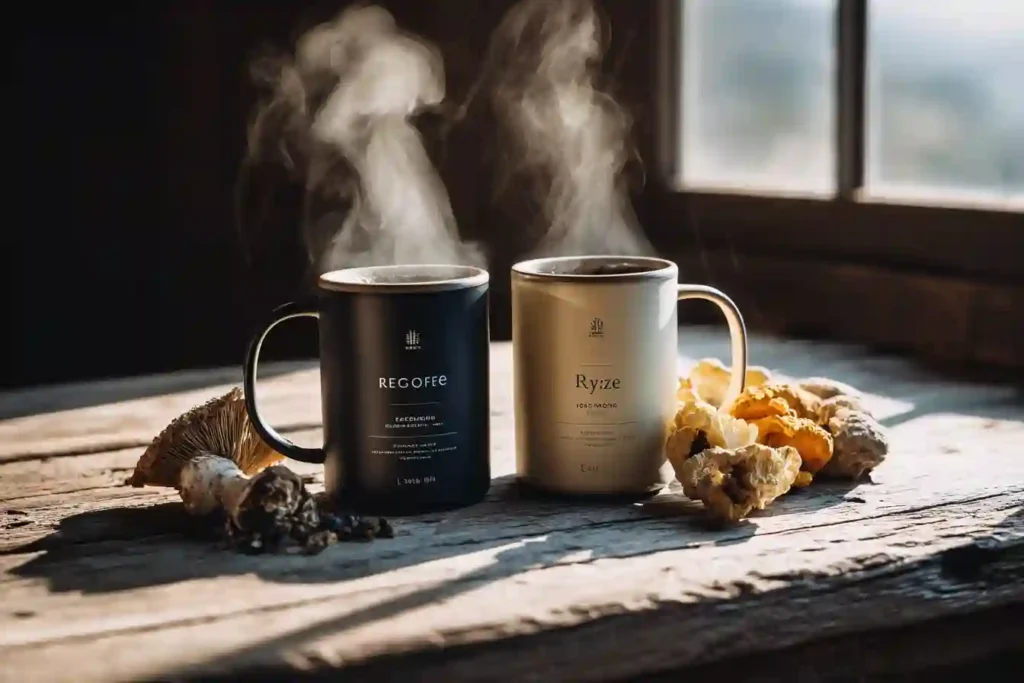 Ryze Mushroom Coffee Nutrition Facts: The Essential Guide to a Better Brew 2 A cup of Ryze mushroom coffee beside a cup of regular black coffee with visible steam and dried mushrooms on a rustic wooden table.