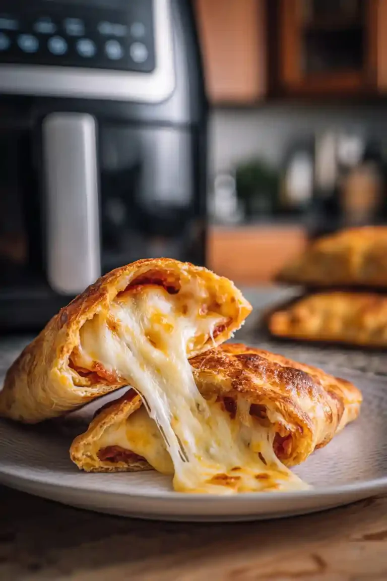 Frozen Hot Pockets in Air Fryer: The Ultimate Crispy Cooking Guide 4 Melted cheese oozing from a crispy Hot Pocket on a plate, with an air fryer in the background.