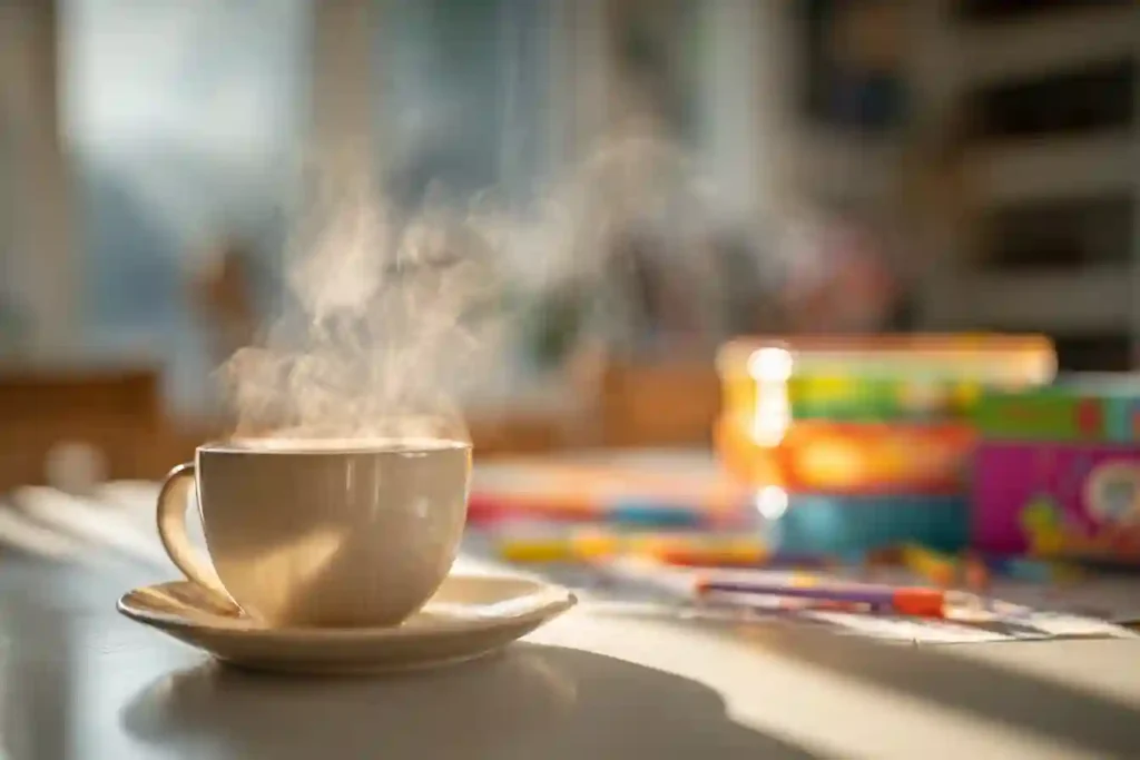 Steaming cup of Ryze mushroom coffee surrounded by kids’ lunchboxes and crayons in soft morning sunlight