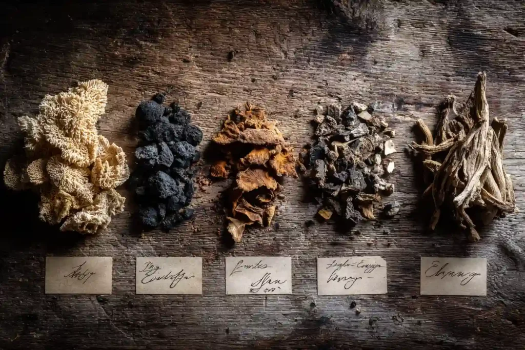 Various dried medicinal mushrooms including lion’s mane, reishi, chaga, and cordyceps displayed on rustic wood