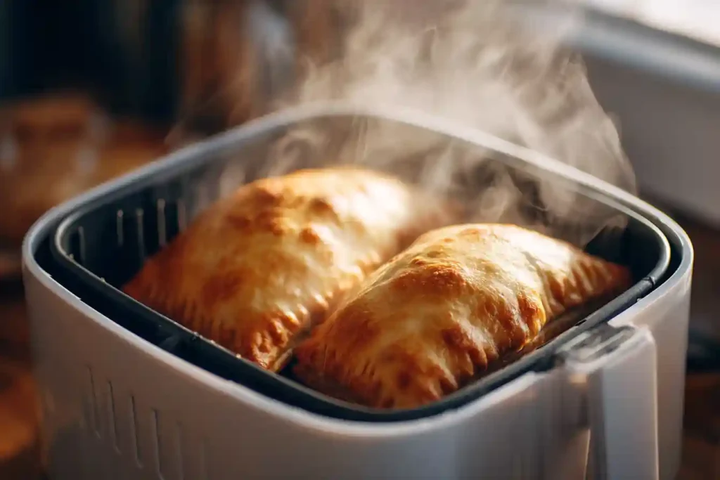 Two golden-brown Hot Pockets in an air‑fryer basket with steam rising