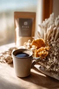 A ceramic mug filled with Ryze mushroom coffee on a wooden table, surrounded by dried mushrooms and a Ryze product pouch in soft morning light.