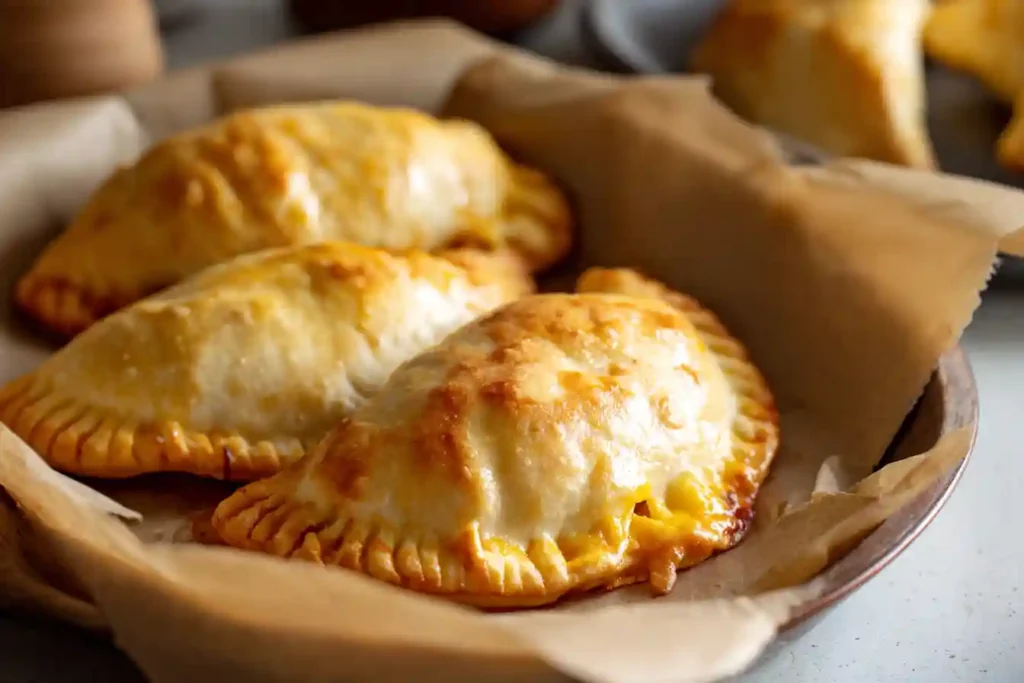 Frozen pizza pockets arranged on parchment paper before air frying