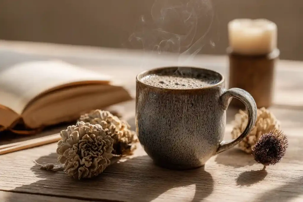 Ryze Mushroom Coffee Benefits: The Ultimate Health Boost You Need to Know 2 A steaming mug of Ryze mushroom coffee on a wooden table, surrounded by dried mushrooms, an open book, and a candle, symbolizing calm, balance, and stress relief.