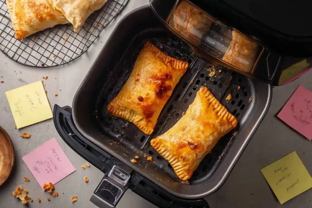 Two Hot Pockets cooking in an air fryer basket with notes and crumbs on the counter.