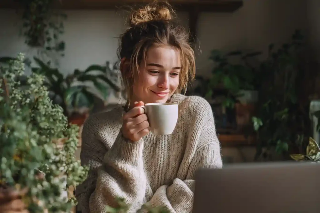 A relaxed woman in a cozy sweater holding a mug of mushroom coffee, smiling as she reads reviews on her laptop, surrounded by green houseplants in warm natural light.