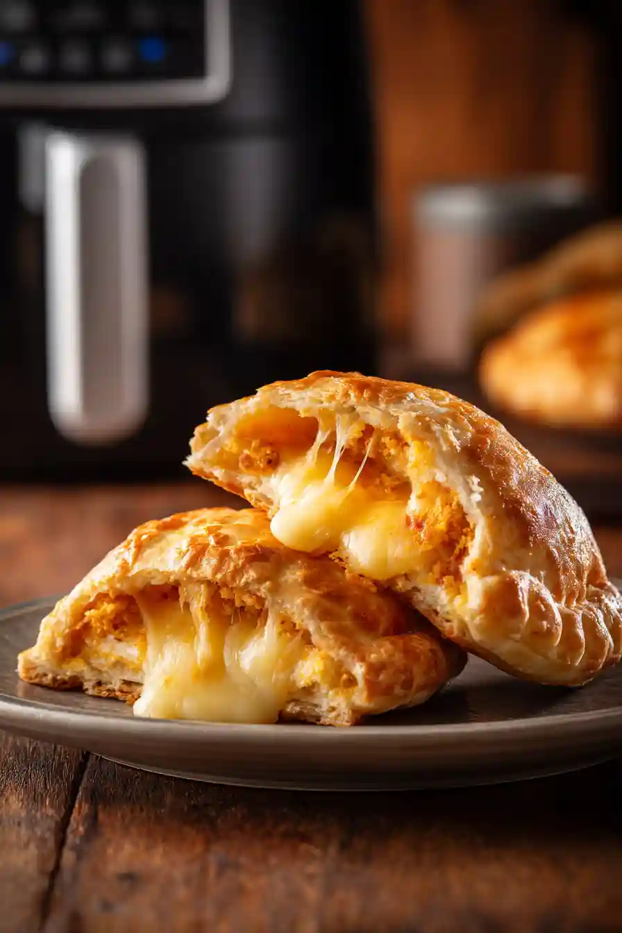 Hot Pocket cut in half with melted cheese oozing out, served on a ceramic plate, with an air fryer in the background.