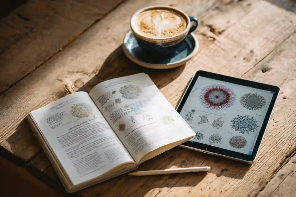 Scientific evidence of Ryze Mushroom Coffee for gut health – open book, gut microbiome charts, and coffee cup.