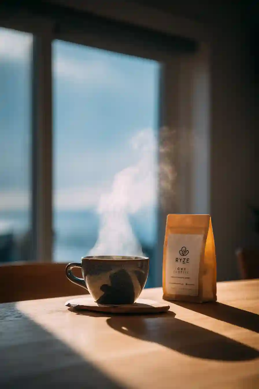 A steaming cup of mushroom coffee next to a Ryze coffee bag on a sunlit kitchen table