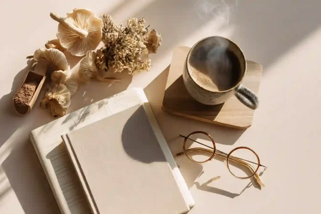 A cozy flat lay of a steaming mug of mushroom coffee, reading glasses, a journal, and dried mushrooms on a sunlit beige surface—capturing a calm, focused morning ritual.