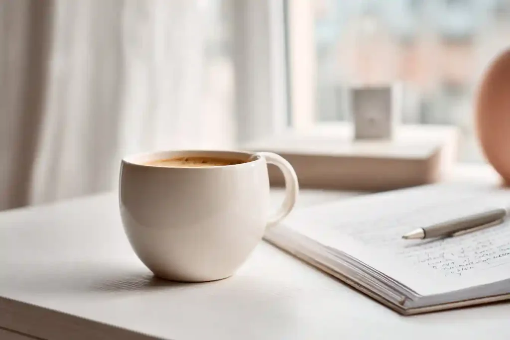 Ryze Mushroom Coffee Benefits: The Ultimate Health Boost You Need to Know 4 A white ceramic cup of Ryze Mushroom Coffee placed beside an open notebook and pen on a bright white desk near a window, creating a calm and informative setting.