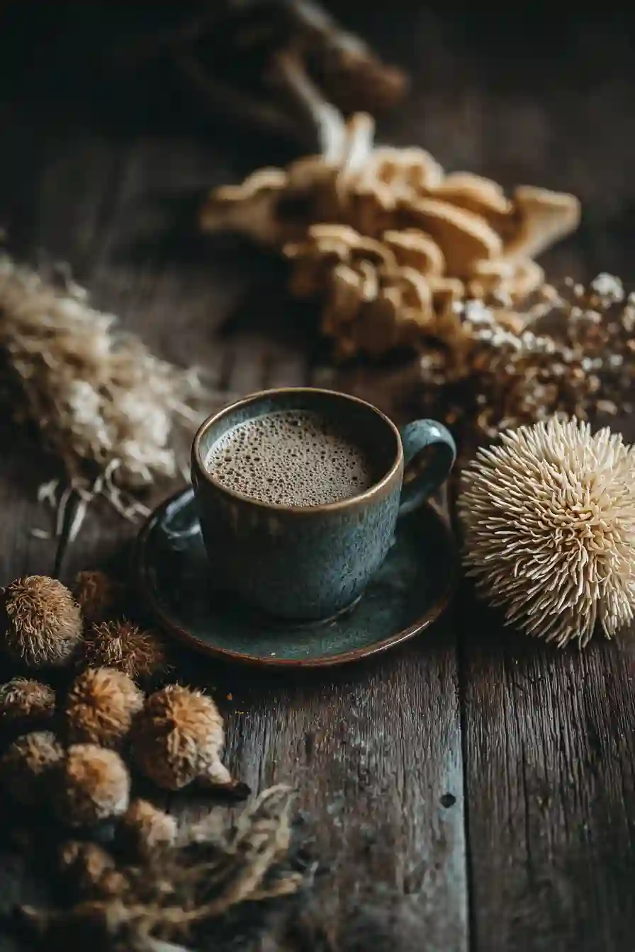 Cup of Ryze mushroom coffee surrounded by lion’s mane and reishi mushrooms on rustic wooden table