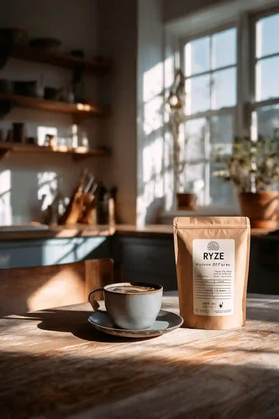 Ryze Mushroom Coffee with a hot cup in a sunlit modern kitchen