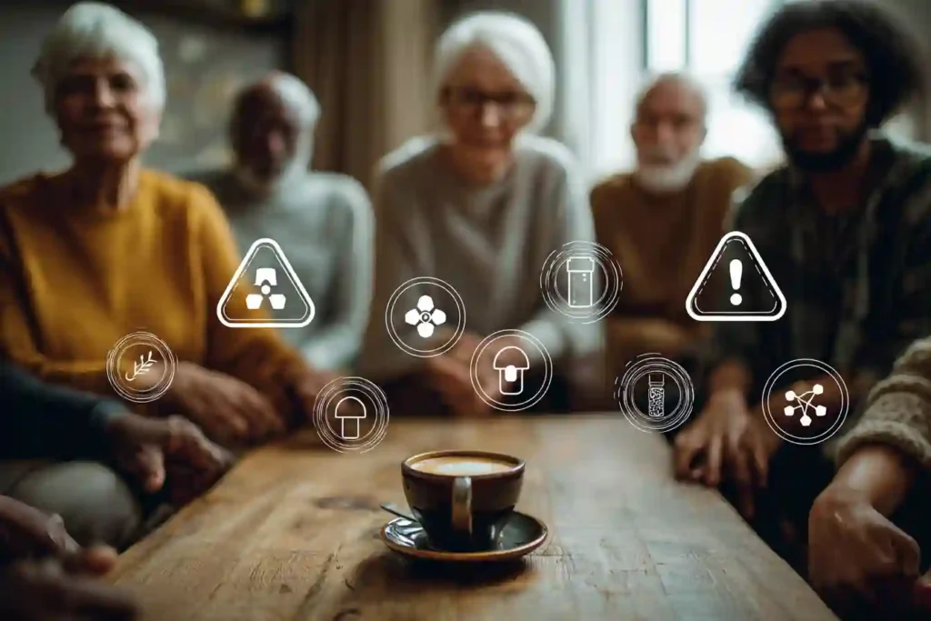Cup of mushroom coffee on a wooden table with blurred seniors and warning icons in the background