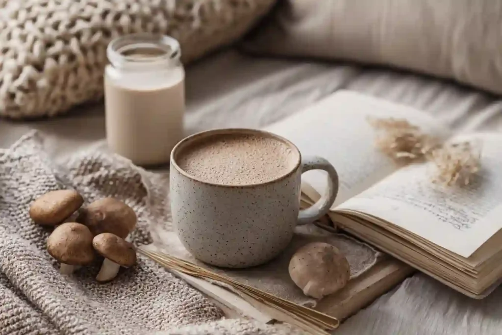  A cozy weekend scene with mushroom coffee, oat milk, and an open book on a soft knitted blanket