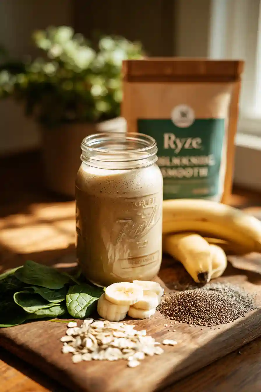 A glass jar of Ryze Slimming Smoothie surrounded by banana slices, spinach leaves, oats, and chia seeds on a wooden board.