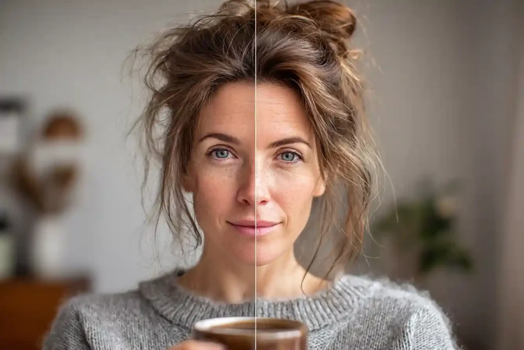 Before and after transformation of a woman drinking Ryze Mushroom Coffee, showing visible improvement in skin tone and energy levels.