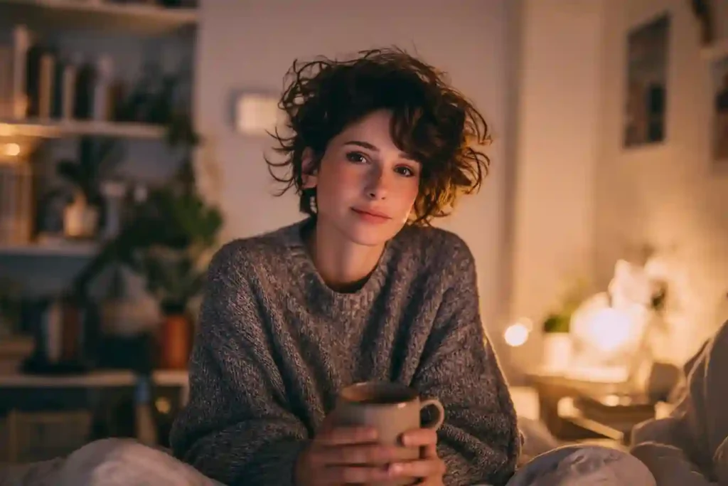 Woman holding a cup of Ryze mushroom coffee in cozy evening setting