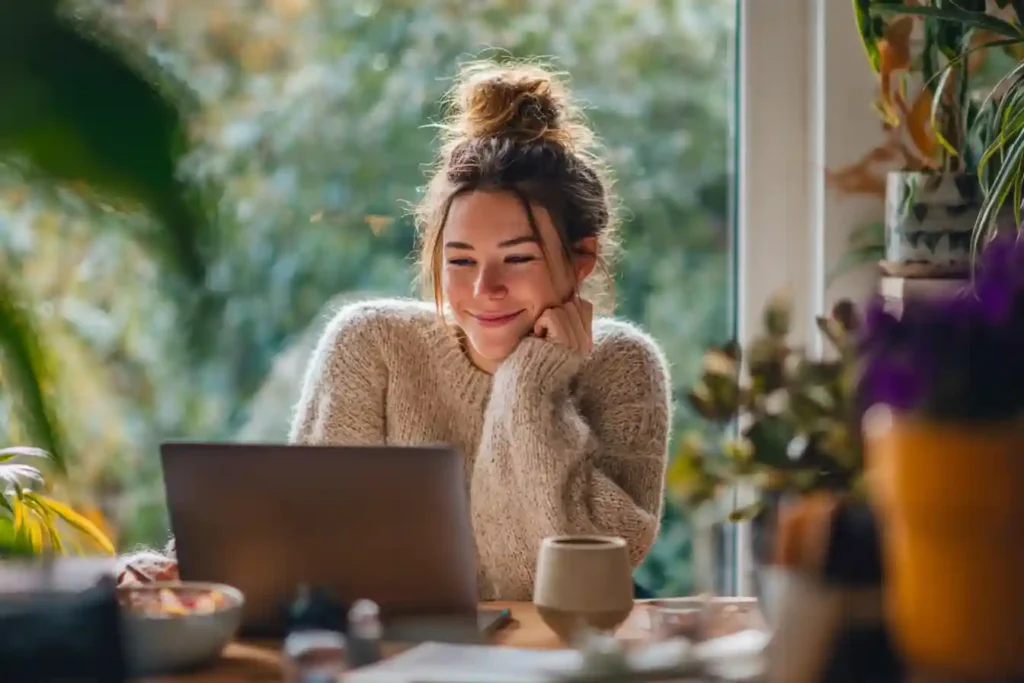 Woman enjoying a calm morning focus while drinking Ryze Mushroom Coffee in front of her laptop.