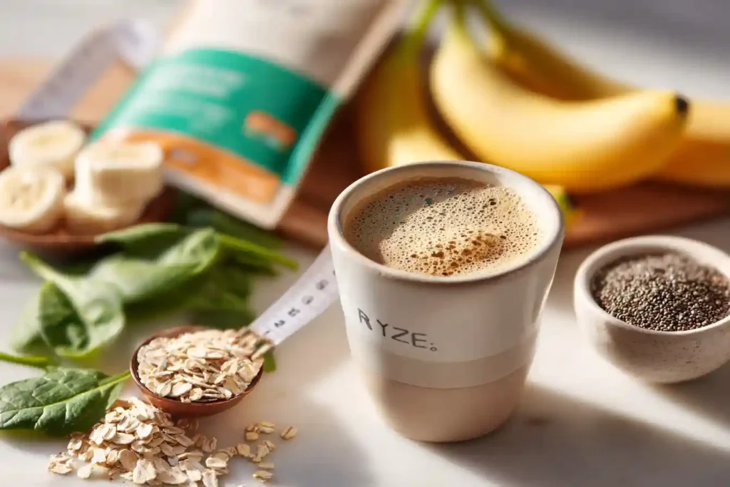 Ryze Mushroom Coffee Benefits: The Ultimate Health Boost You Need to Know 3 A cup of Ryze Mushroom Coffee surrounded by weight-loss-friendly ingredients like bananas, oats, spinach, chia seeds, and a measuring tape, captured on a bright kitchen counter.